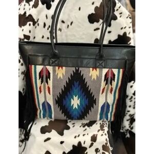 Ecotorie Bleu Leather Tote Bag Southwestern Kilim Fringe Black New Aztec‎
